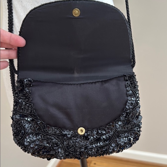 Small Elegant Black Beaded Sequin Crossbody Shoulder Bag Purse Formal Evening - Picture 4 of 6